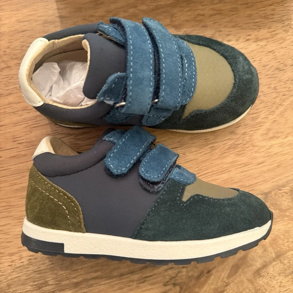 NEW Jacadi Paris Boys Suede Leather Sneakers Tennis Shoe Navy Green EU 22 US 6